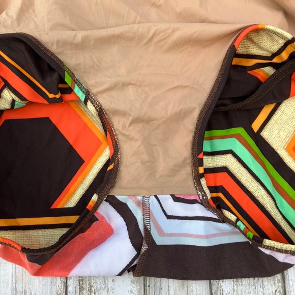 Tara Grinna Swimsuit Sz 14 One Piece Faux Wrap Brown Orange Retro Geometric - Picture 14 of 15